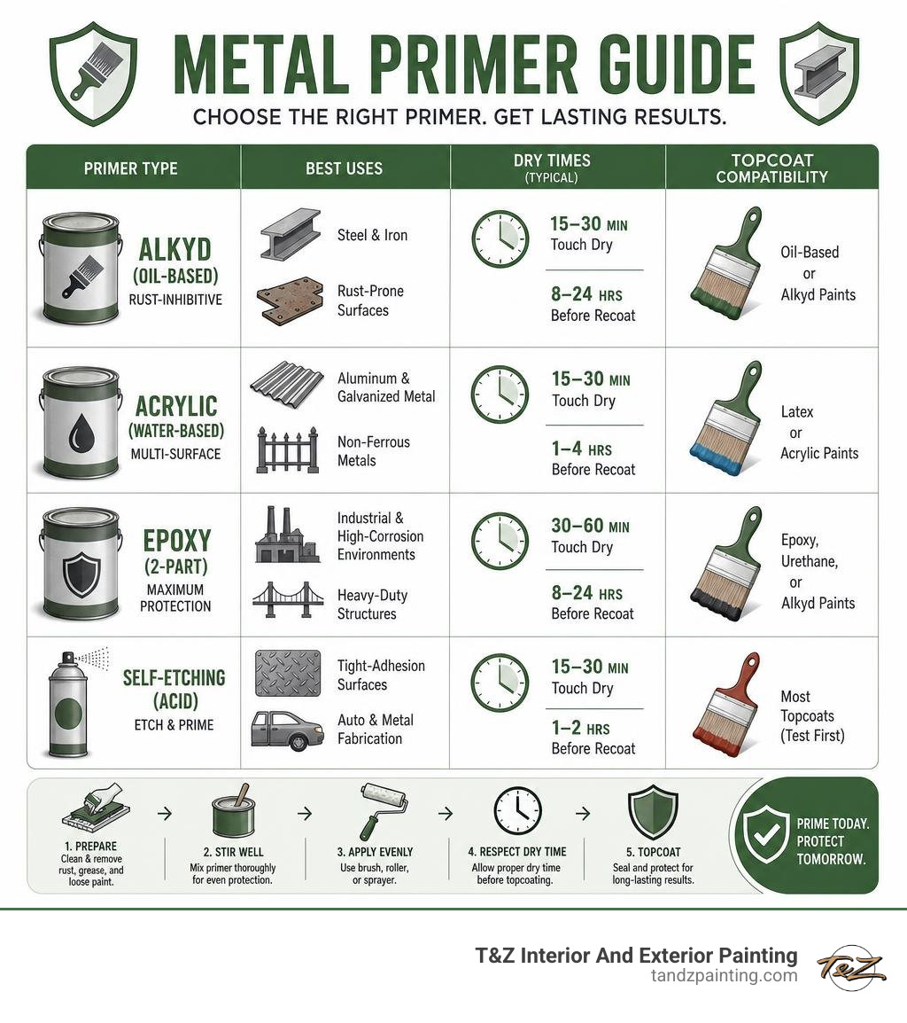 Infographic showing metal primer types, best uses, dry times, and topcoat compatibility infographic