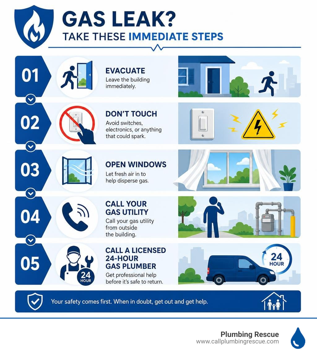Infographic showing immediate gas leak safety steps: evacuate, don't touch switches, open windows, call gas utility, then