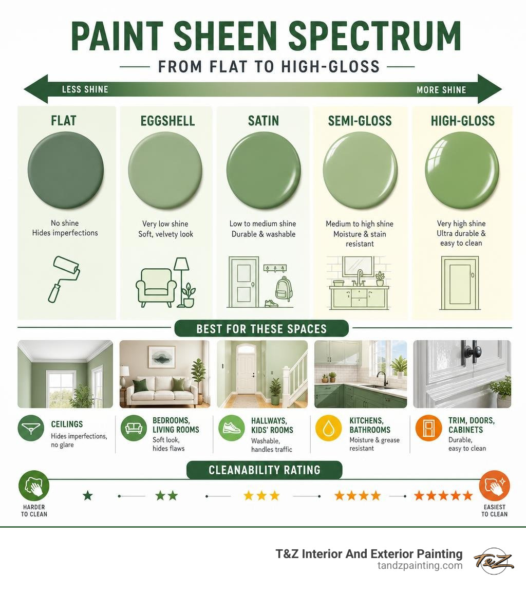 Paint sheen spectrum from flat to high-gloss with room recommendations and cleanability ratings infographic