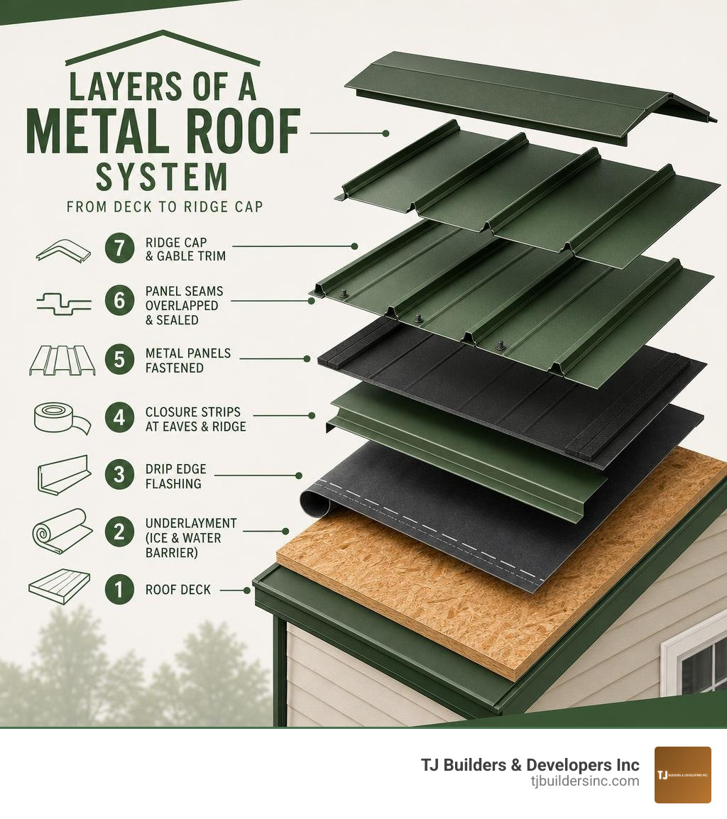Infographic showing the layers of a metal roof system from deck to ridge cap infographic