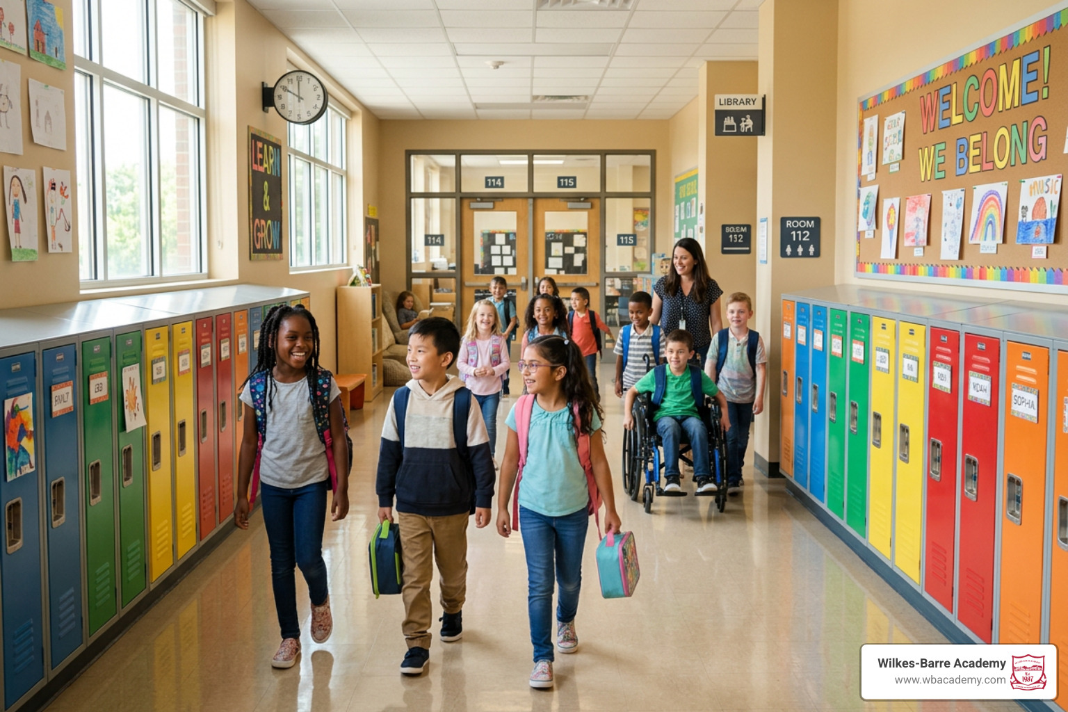 A bright, welcoming school hallway representing an inclusive educational environment