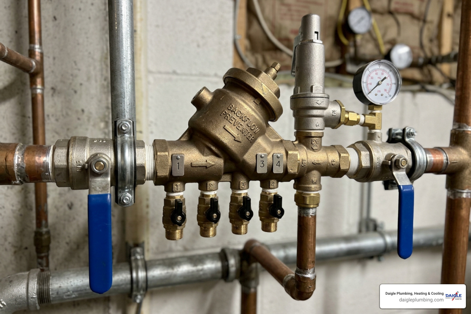 Mechanical backflow preventer valve assembly showing test cocks and shutoff valves Mechanical backflow preventer valve assembly showing test cocks and shutoff valves