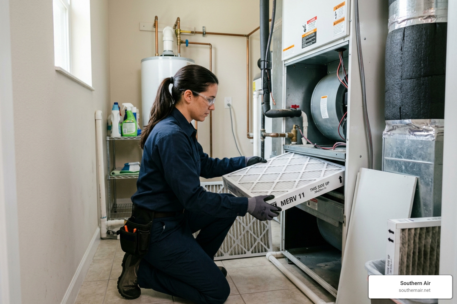 professional Southern Air technician replacing a high efficiency MERV air filter professional Southern Air technician replacing a high efficiency MERV air filter