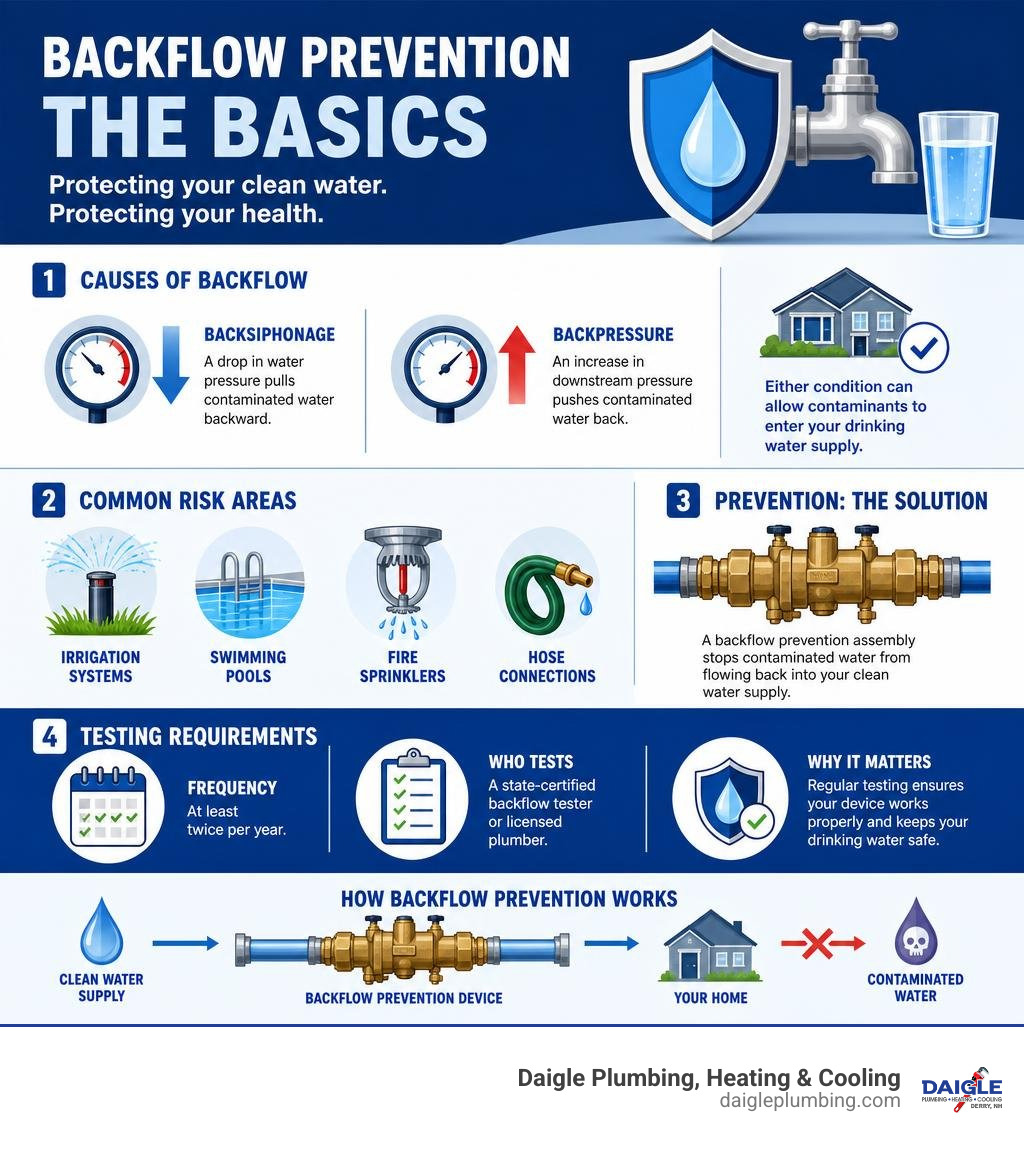 Backflow prevention basics infographic showing causes types devices and testing requirements infographic Backflow prevention basics infographic showing causes types devices and testing requirements infographic