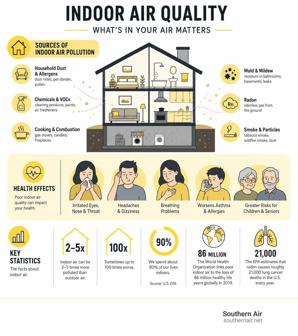 Infographic showing sources of indoor air pollution, health effects, and key statistics infographic Infographic showing sources of indoor air pollution, health effects, and key statistics infographic