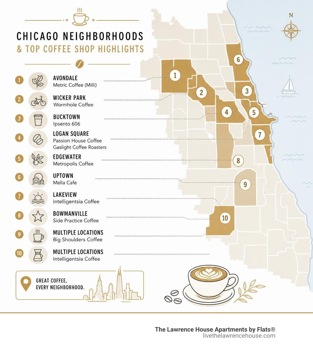map of Chicago neighborhoods and top coffee shop highlights by area infographic map of Chicago neighborhoods and top coffee shop highlights by area infographic