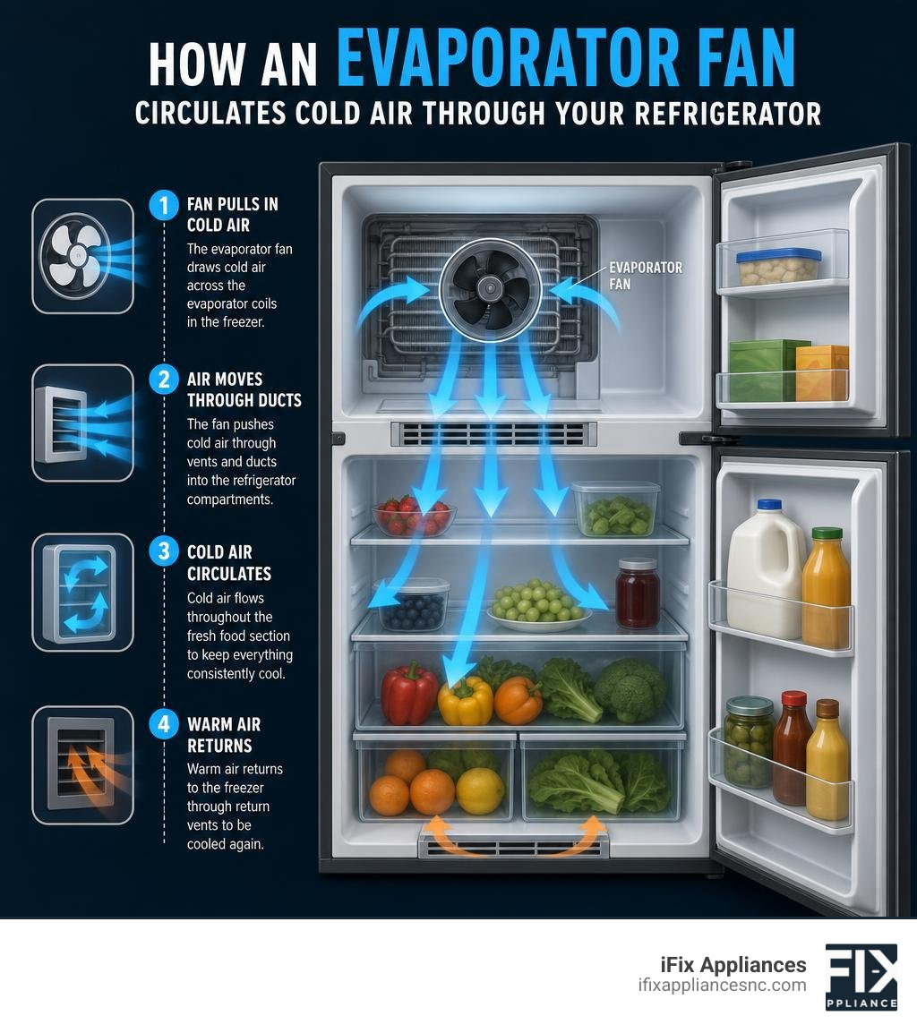 How an evaporator fan circulates cold air through a refrigerator's compartments infographic