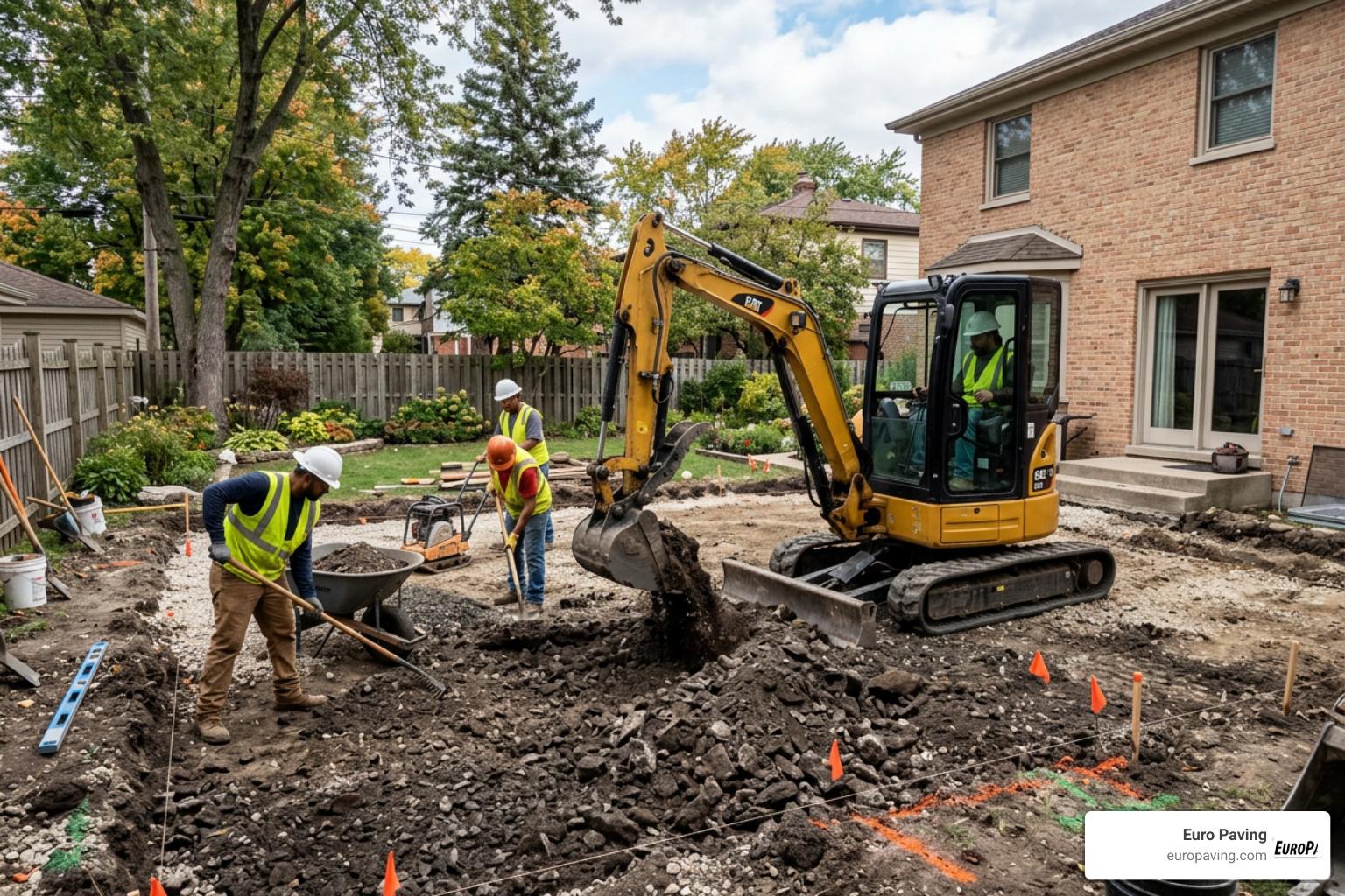 Professional team excavating soil for a stone patio base in a Chicago suburb backyard