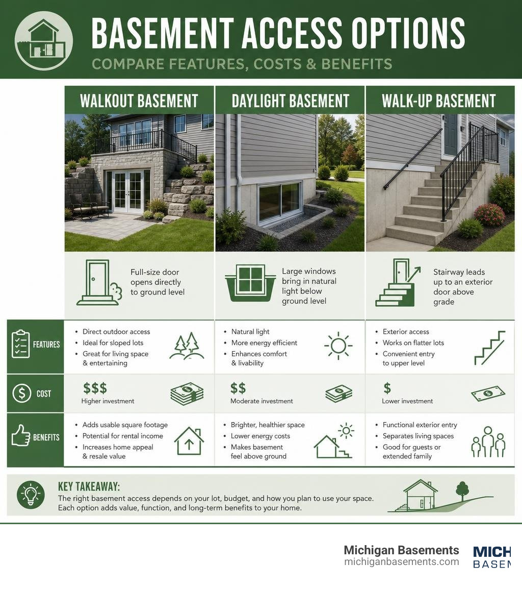 Infographic comparing walkout basement vs daylight basement vs walk-up basement features costs and benefits infographic