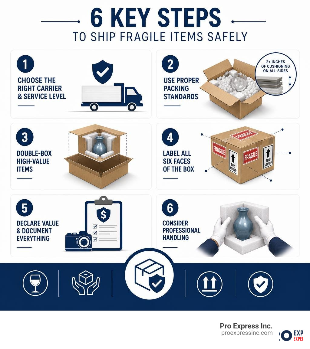 Infographic showing 6 key steps for shipping fragile items safely: carrier selection, packing, double-boxing, labeling Infographic showing 6 key steps for shipping fragile items safely: carrier selection, packing, double-boxing, labeling