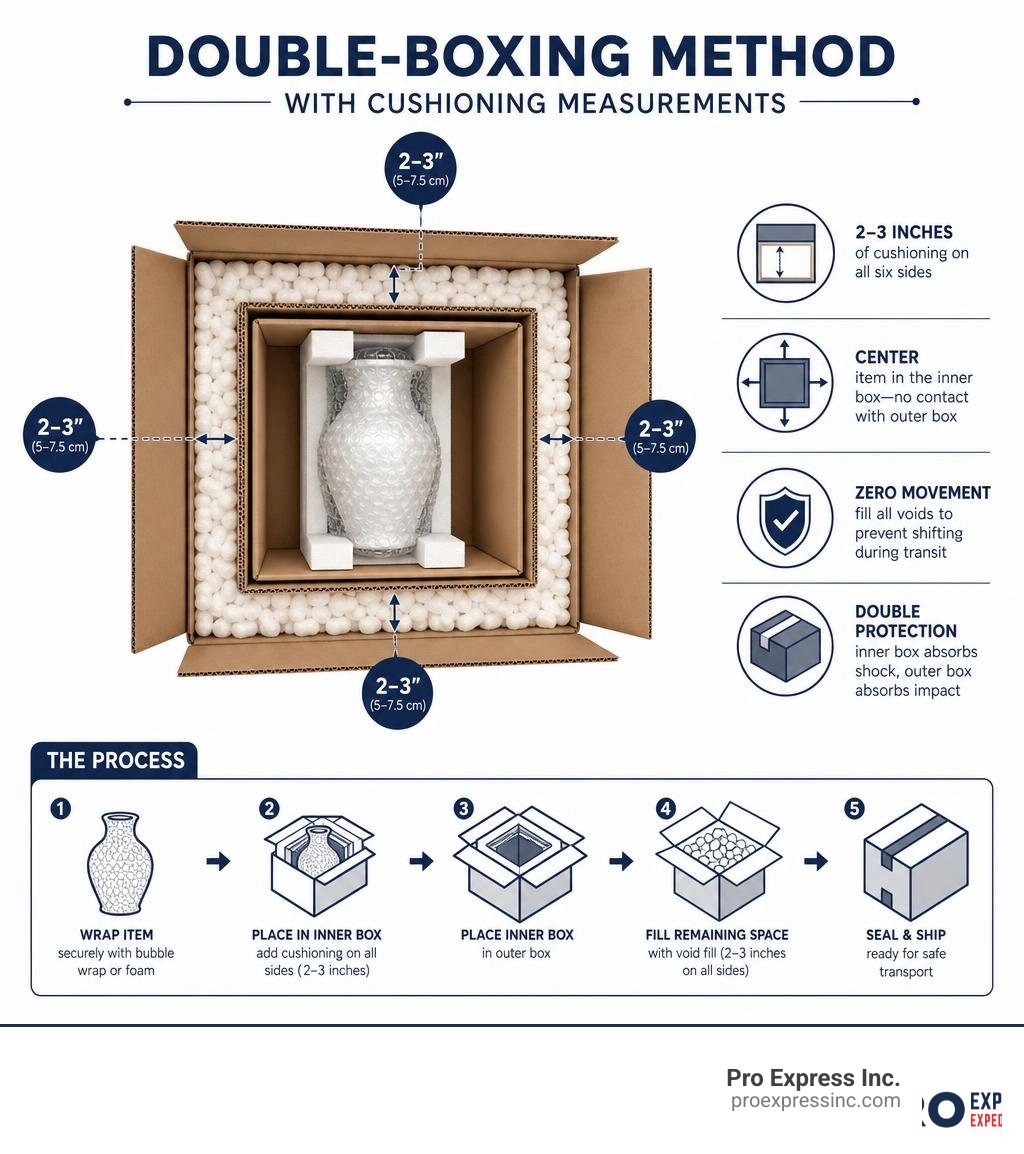 Diagram of the double-boxing method with cushioning measurements infographic Diagram of the double-boxing method with cushioning measurements infographic
