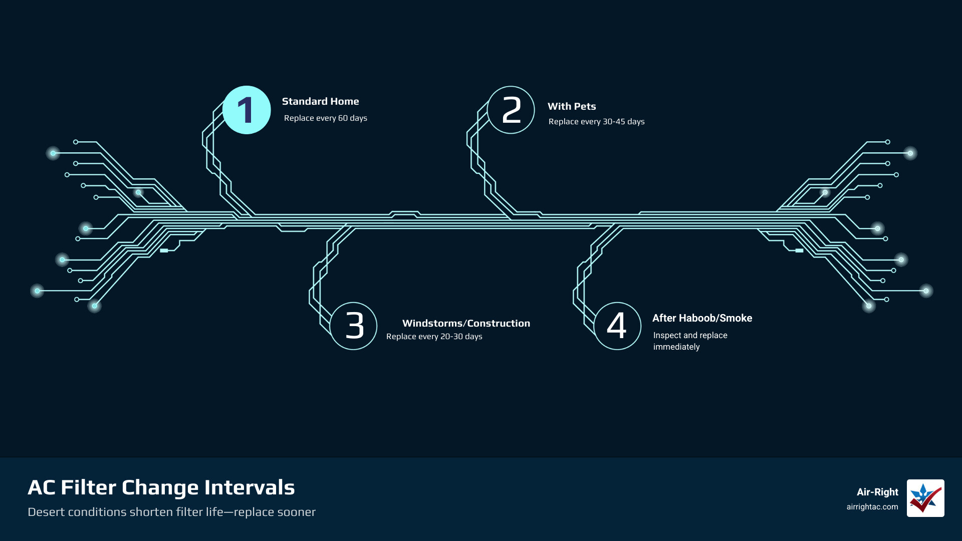 Infographic showing how desert dust clogs HVAC filters and recommended change intervals by condition infographic