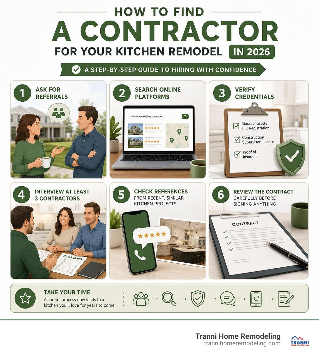 Step-by-step infographic showing how to find a contractor for a kitchen remodel in 2026 infographic Step-by-step infographic showing how to find a contractor for a kitchen remodel in 2026 infographic