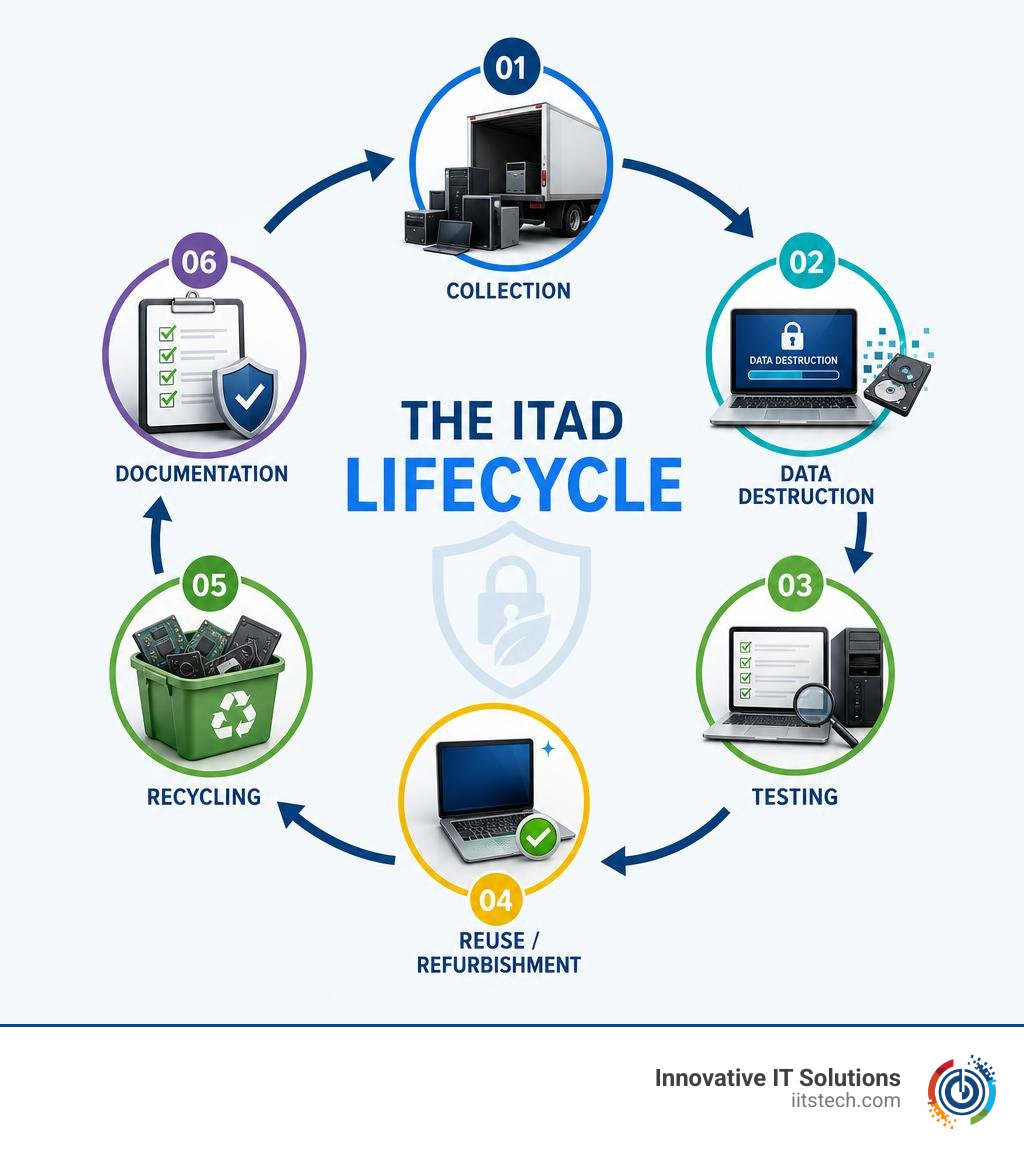 Infographic showing the ITAD lifecycle: collection, data destruction, testing, reuse/refurbishment, recycling, documentation Infographic showing the ITAD lifecycle: collection, data destruction, testing, reuse/refurbishment, recycling, documentation