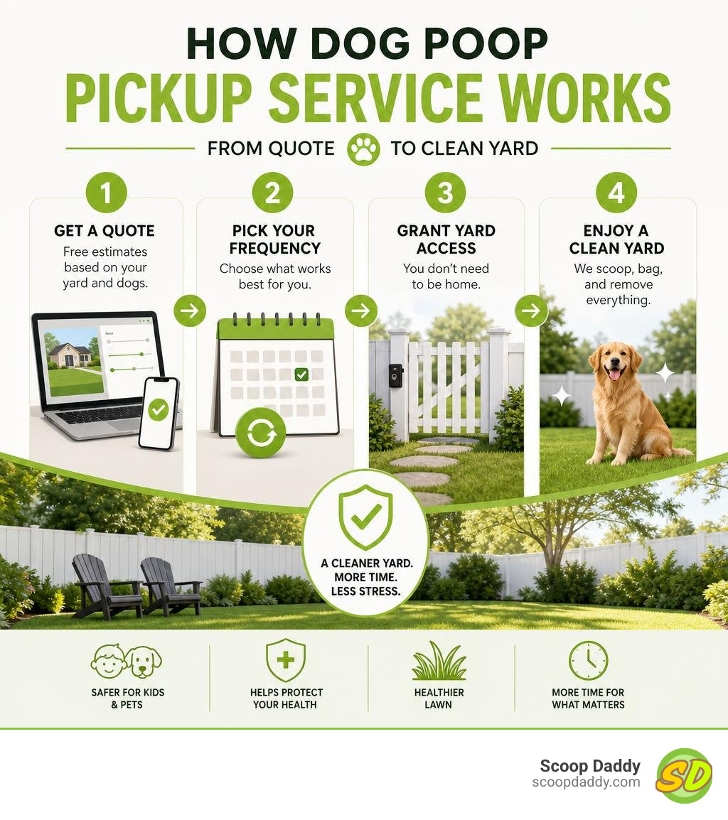 Step-by-step infographic showing how professional dog poop pickup service works from quote to clean yard infographic Step-by-step infographic showing how professional dog poop pickup service works from quote to clean yard infographic