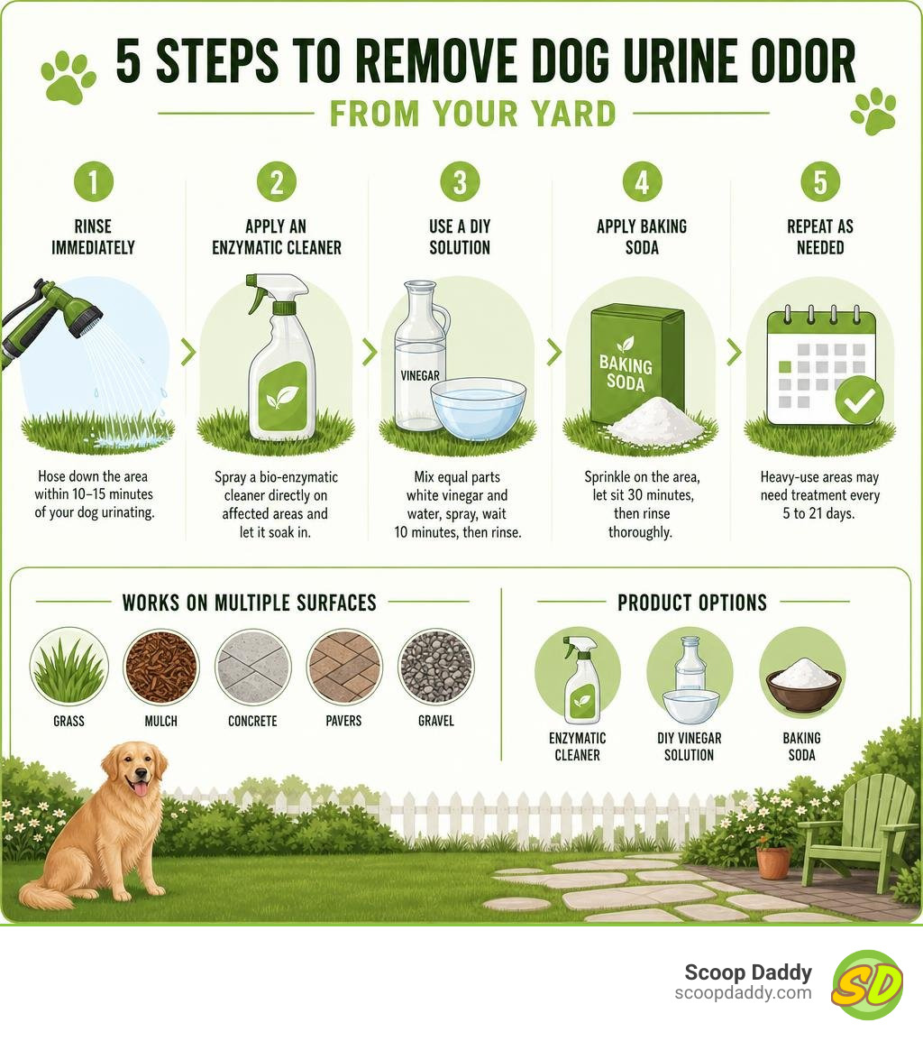 Infographic showing 5 steps to remove dog urine odor from yard with surface types and product options infographic