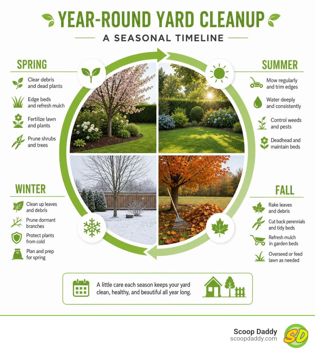 Seasonal yard cleanup timeline infographic showing spring, summer, fall, and winter tasks infographic Seasonal yard cleanup timeline infographic showing spring, summer, fall, and winter tasks infographic