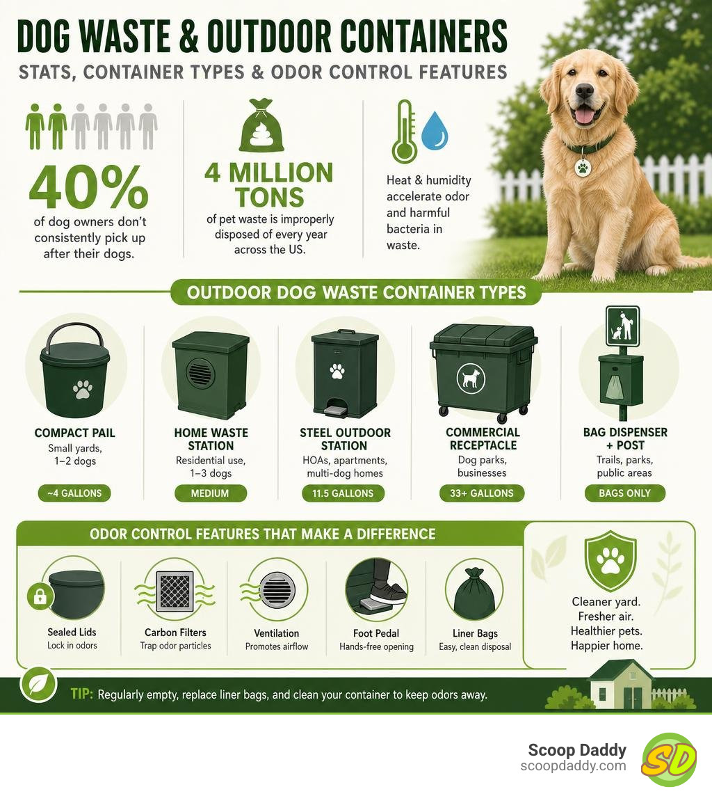 infographic showing dog waste stats, container types, and odor control features for outdoor use infographic