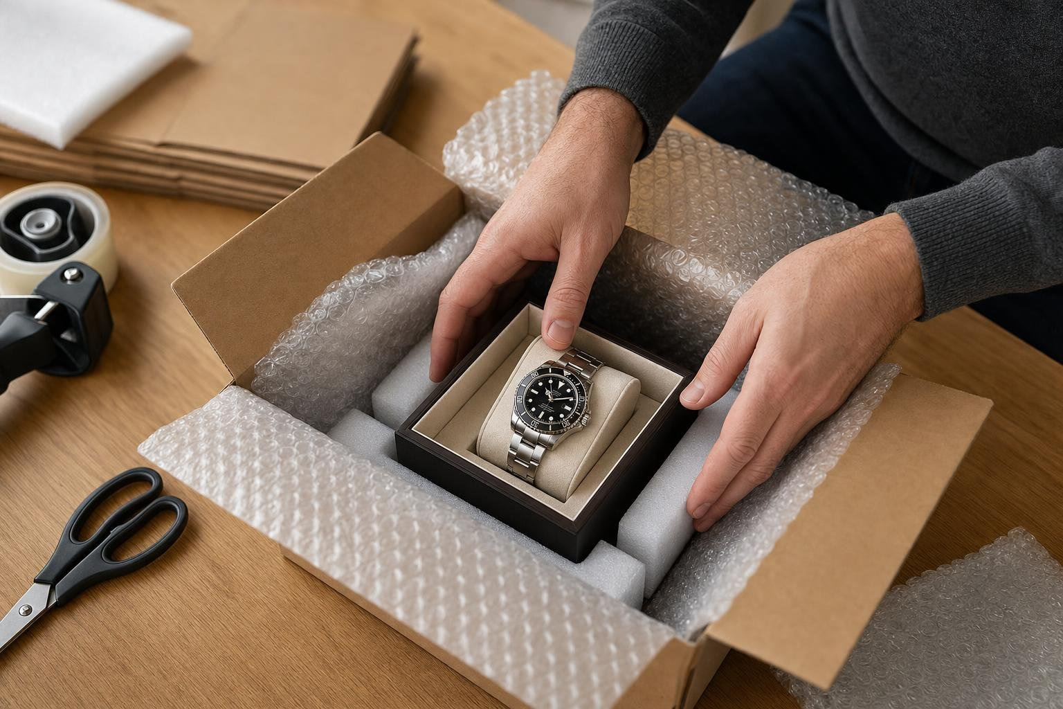 Luxury watch being safely packaged for secure transit
