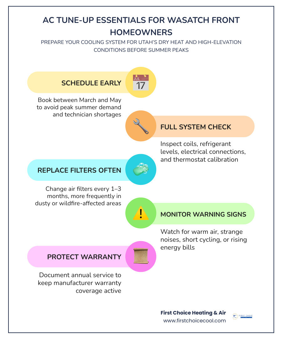 Infographic showing 6 key benefits of annual AC tune-ups for Wasatch Front homeowners including efficiency, lifespan Infographic showing 6 key benefits of annual AC tune-ups for Wasatch Front homeowners including efficiency, lifespan