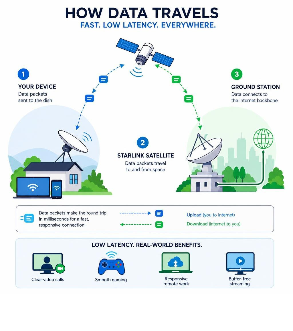 Diagram showing data packets travelling between a user device, a Starlink dish, and ground stations infographic Diagram showing data packets travelling between a user device, a Starlink dish, and ground stations infographic
