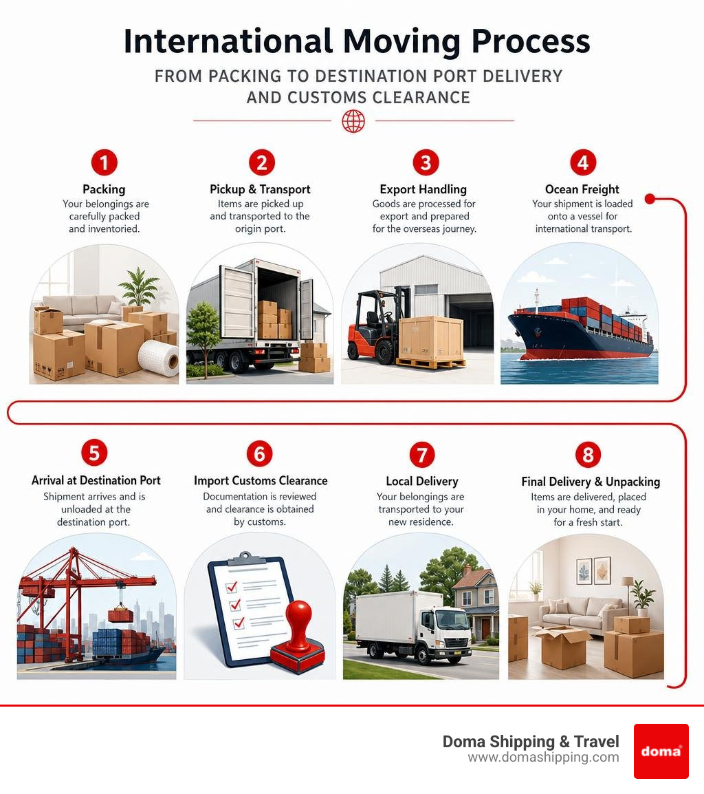 International moving process: timeline from packing to destination port delivery and customs clearance infographic