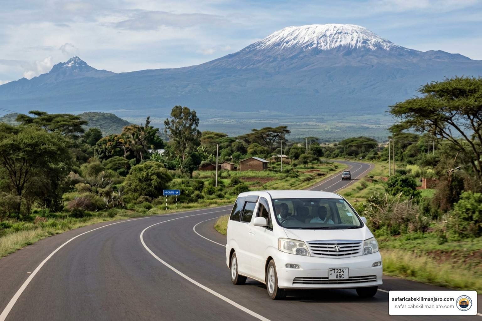 A private taxi driving on the scenic paved road from JRO Airport to Moshi with Mount Kilimanjaro in the background A private taxi driving on the scenic paved road from JRO Airport to Moshi with Mount Kilimanjaro in the background