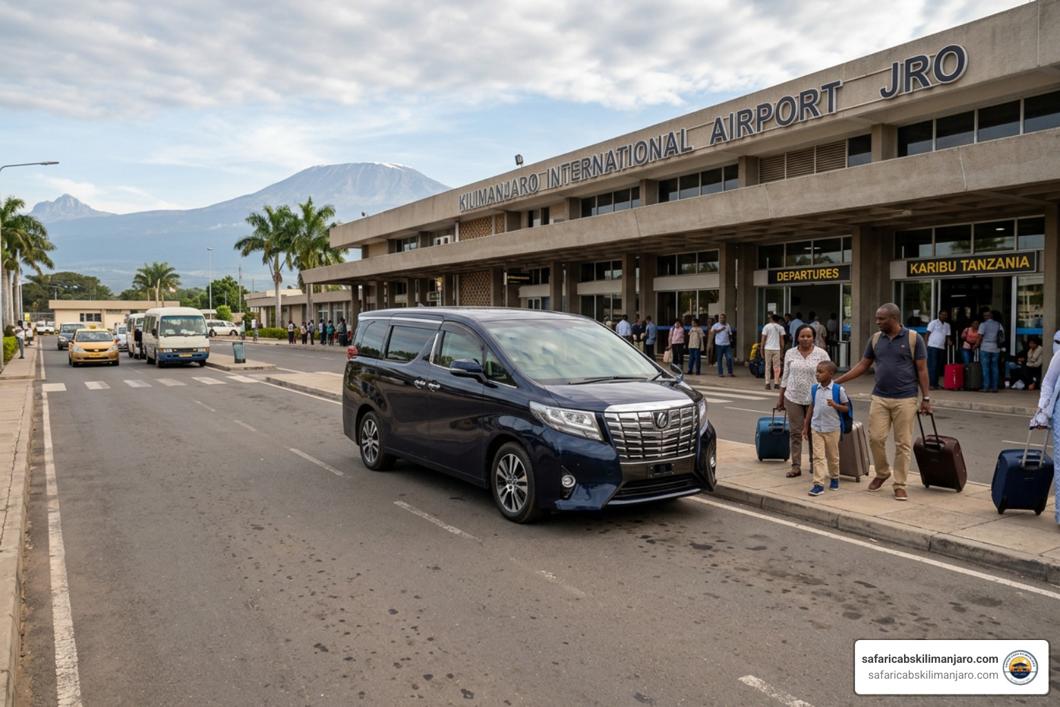 A comfortable luxury minivan transfer vehicle parked outside the Kilimanjaro Airport terminal A comfortable luxury minivan transfer vehicle parked outside the Kilimanjaro Airport terminal