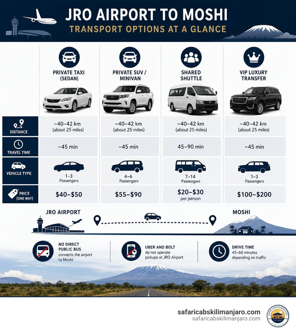 JRO to Moshi transport options infographic showing distance, travel time, vehicle types, and prices infographic JRO to Moshi transport options infographic showing distance, travel time, vehicle types, and prices infographic