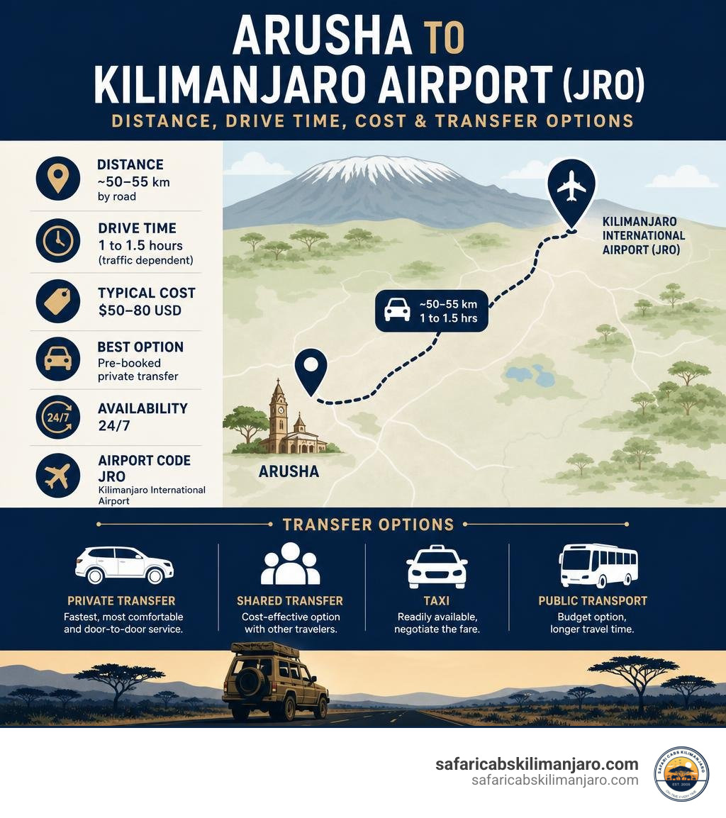Infographic showing Arusha to Kilimanjaro Airport distance, drive time, cost, and transfer options infographic Infographic showing Arusha to Kilimanjaro Airport distance, drive time, cost, and transfer options infographic