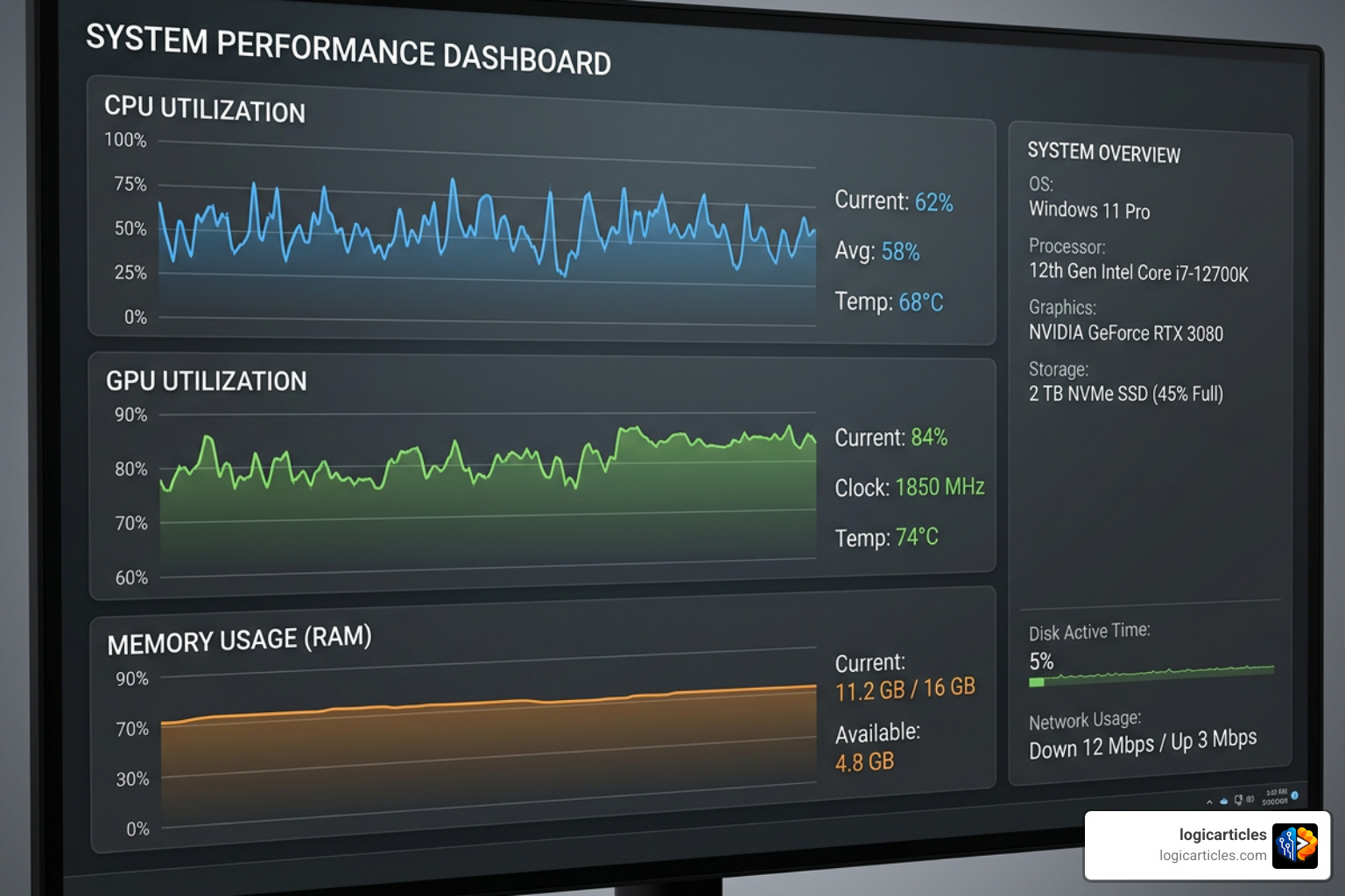 system performance dashboard showing CPU, GPU, and RAM usage system performance dashboard showing CPU, GPU, and RAM usage