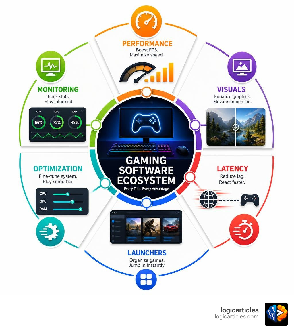 gaming software ecosystem infographic showing categories like performance, monitoring, visuals, latency, and launchers gaming software ecosystem infographic showing categories like performance, monitoring, visuals, latency, and launchers
