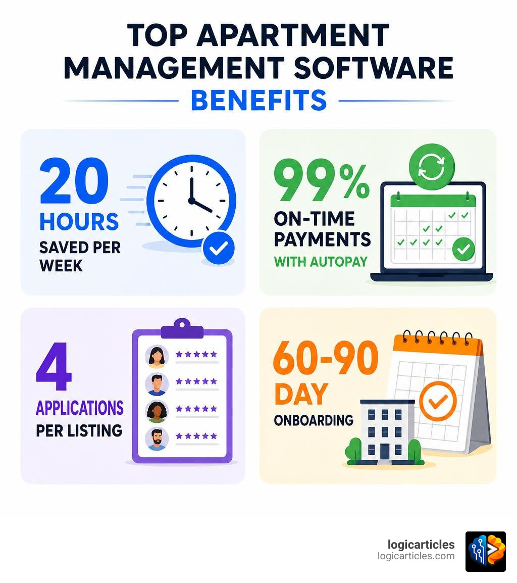 Infographic showing top apartment management software benefits: 20 hours saved per week, 99% on-time payments with autopay Infographic showing top apartment management software benefits: 20 hours saved per week, 99% on-time payments with autopay
