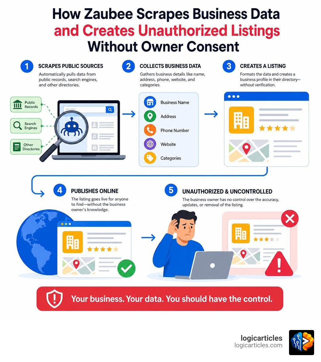 How Zaubee scrapes business data and creates unauthorized listings without owner consent infographic