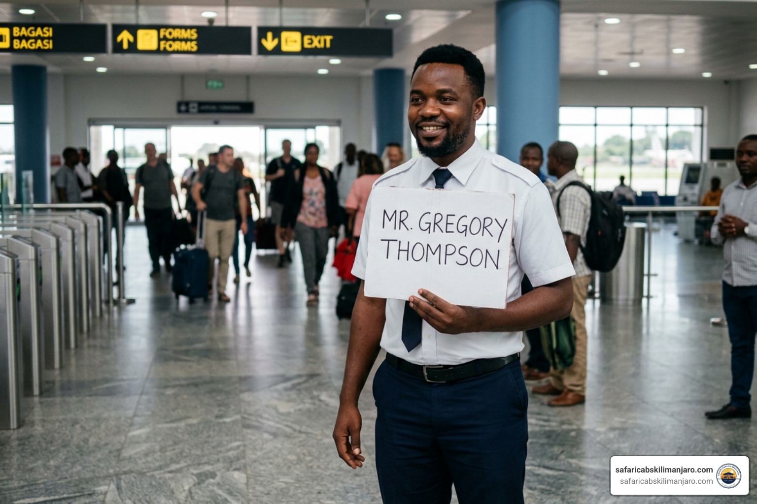 Our professional driver holding a meet-and-greet sign at Kilimanjaro Airport arrivals Our professional driver holding a meet-and-greet sign at Kilimanjaro Airport arrivals