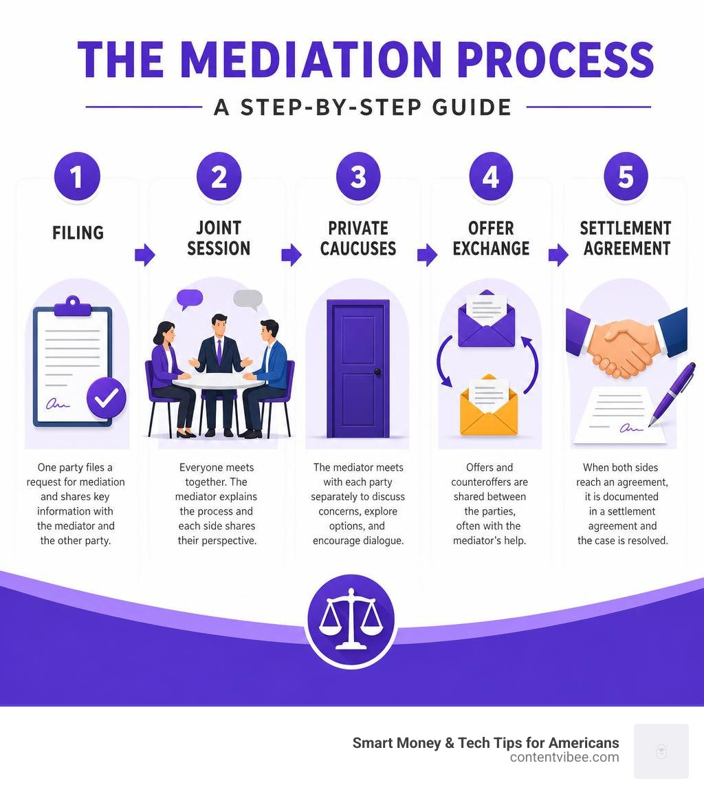 Step-by-step mediation process infographic showing filing, joint session, private caucuses, offer exchange, and settlement