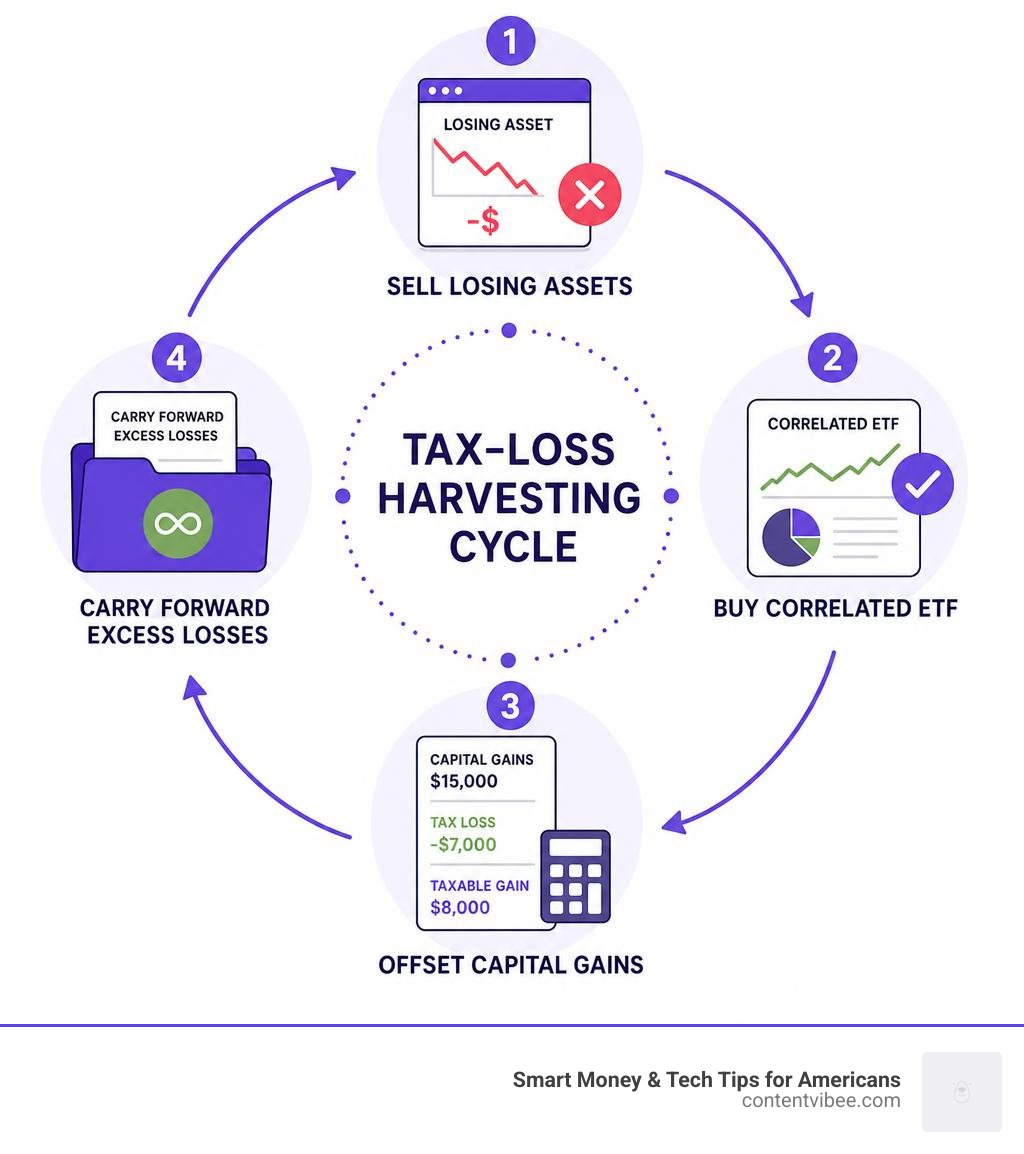 Tax-loss harvesting cycle: sell losing assets, buy correlated ETF, offset capital gains, carry forward excess losses