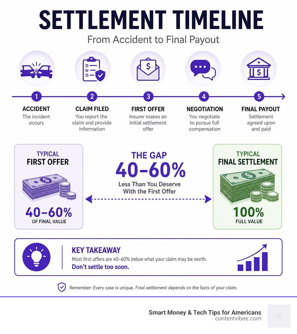 Settlement timeline from accident to final payout, showing first offer gap vs final settlement value infographic