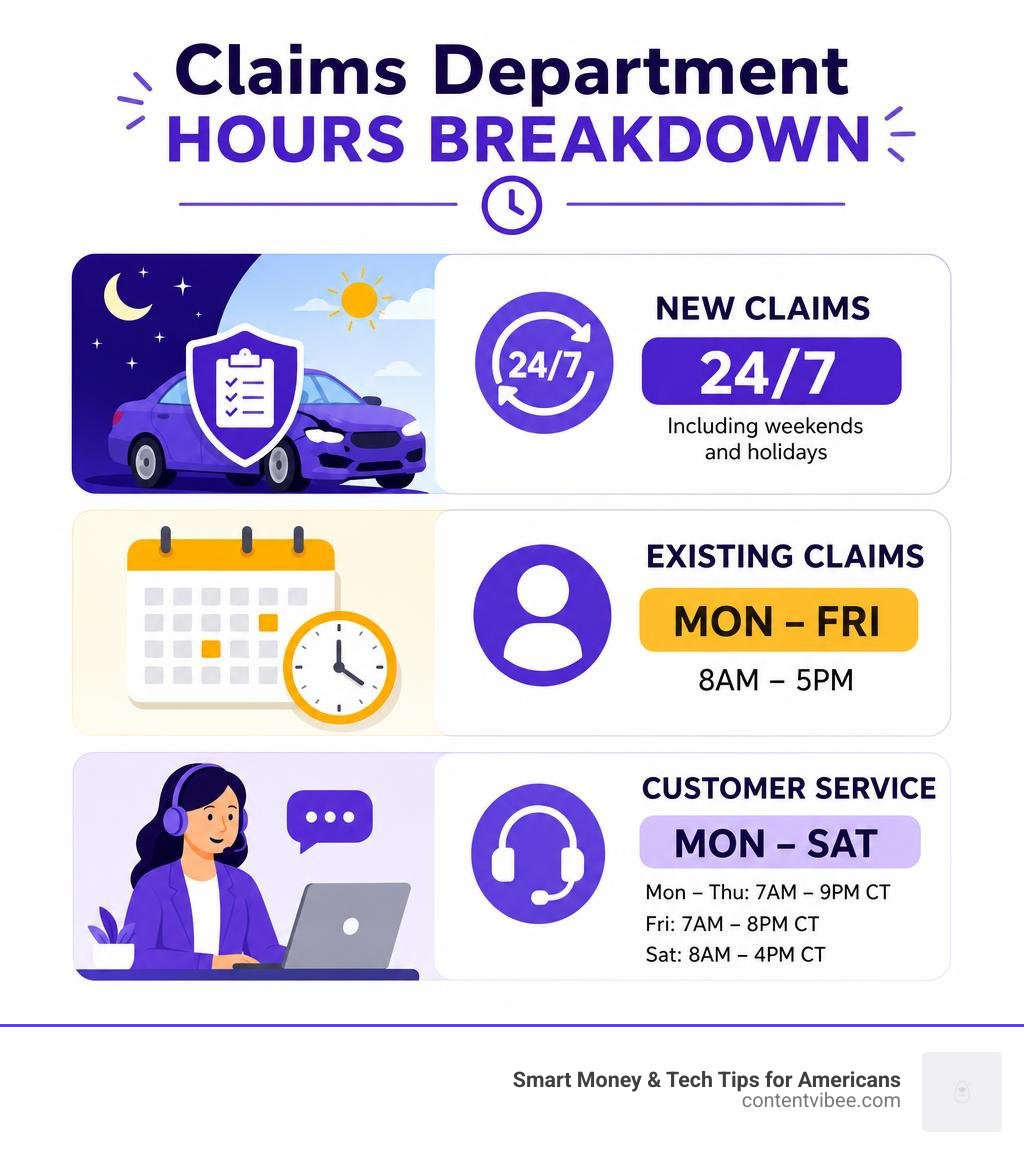 The General claims department hours breakdown infographic showing new claims 24/7, existing claims Mon-Fri 8am-5pm, customer