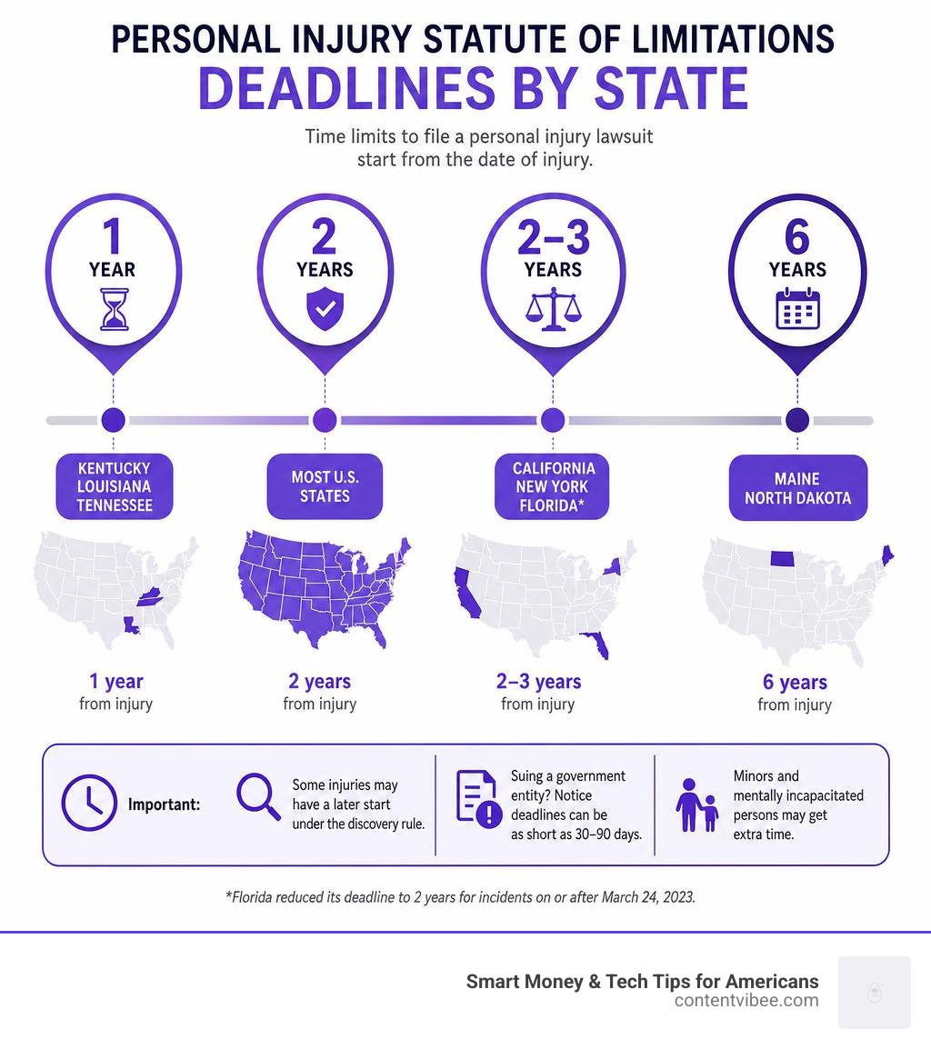 Timeline infographic showing personal injury statute of limitations deadlines by state from 1 to 6 years infographic