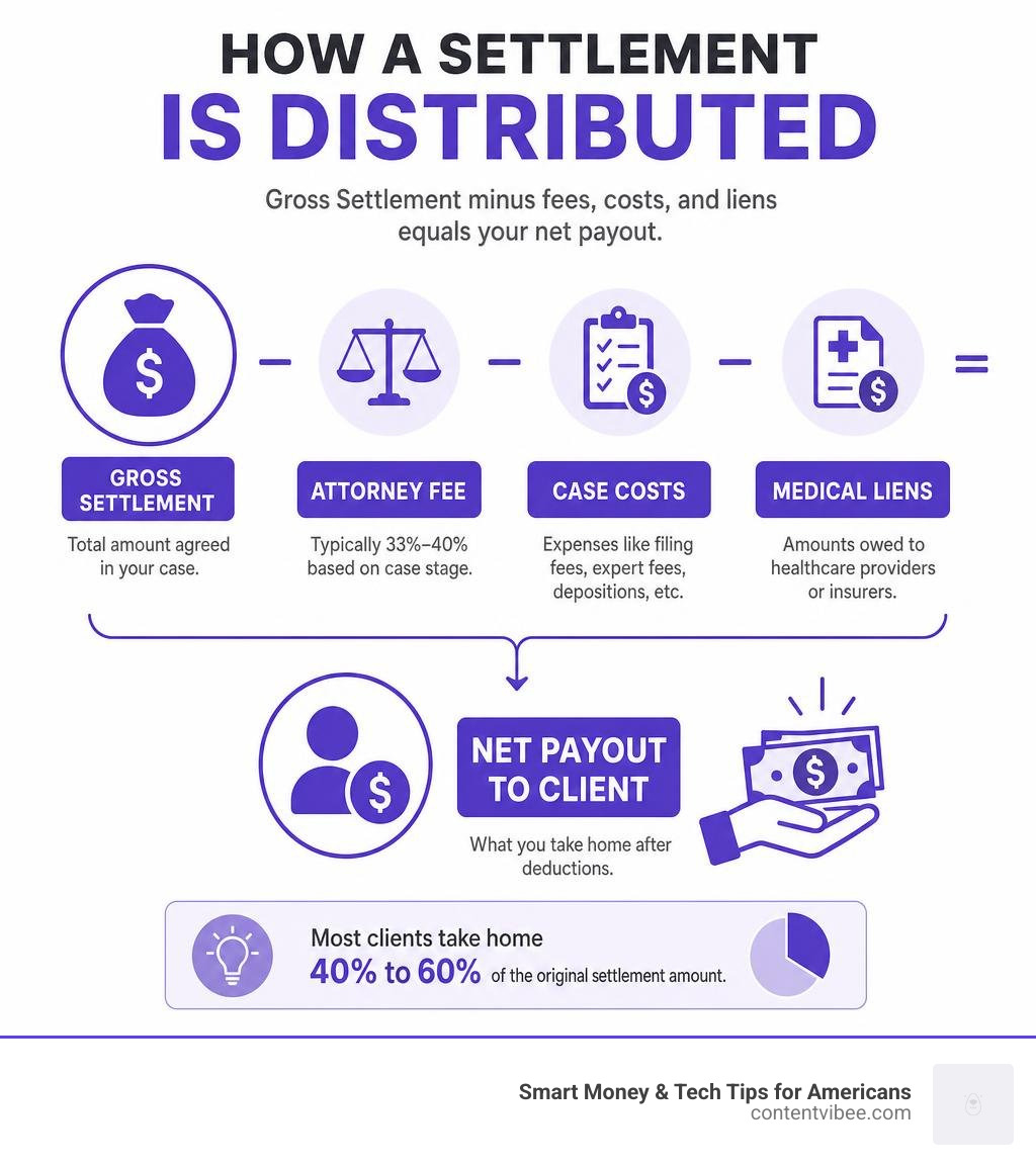 Infographic showing settlement distribution: gross settlement minus attorney fee, case costs, and medical liens equals net