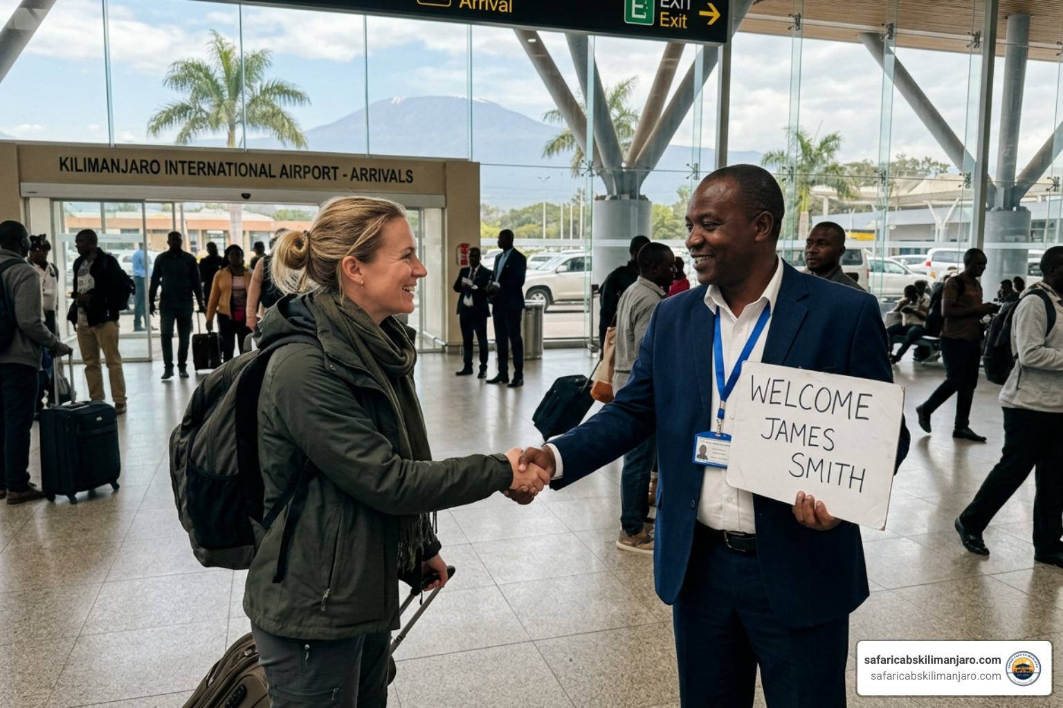 Professional driver holding a name placard and greeting a passenger at Kilimanjaro Airport arrivals