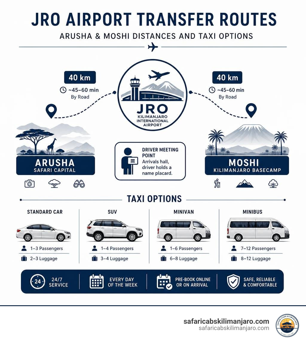 JRO airport transfer routes infographic showing Arusha and Moshi distances and taxi options infographic