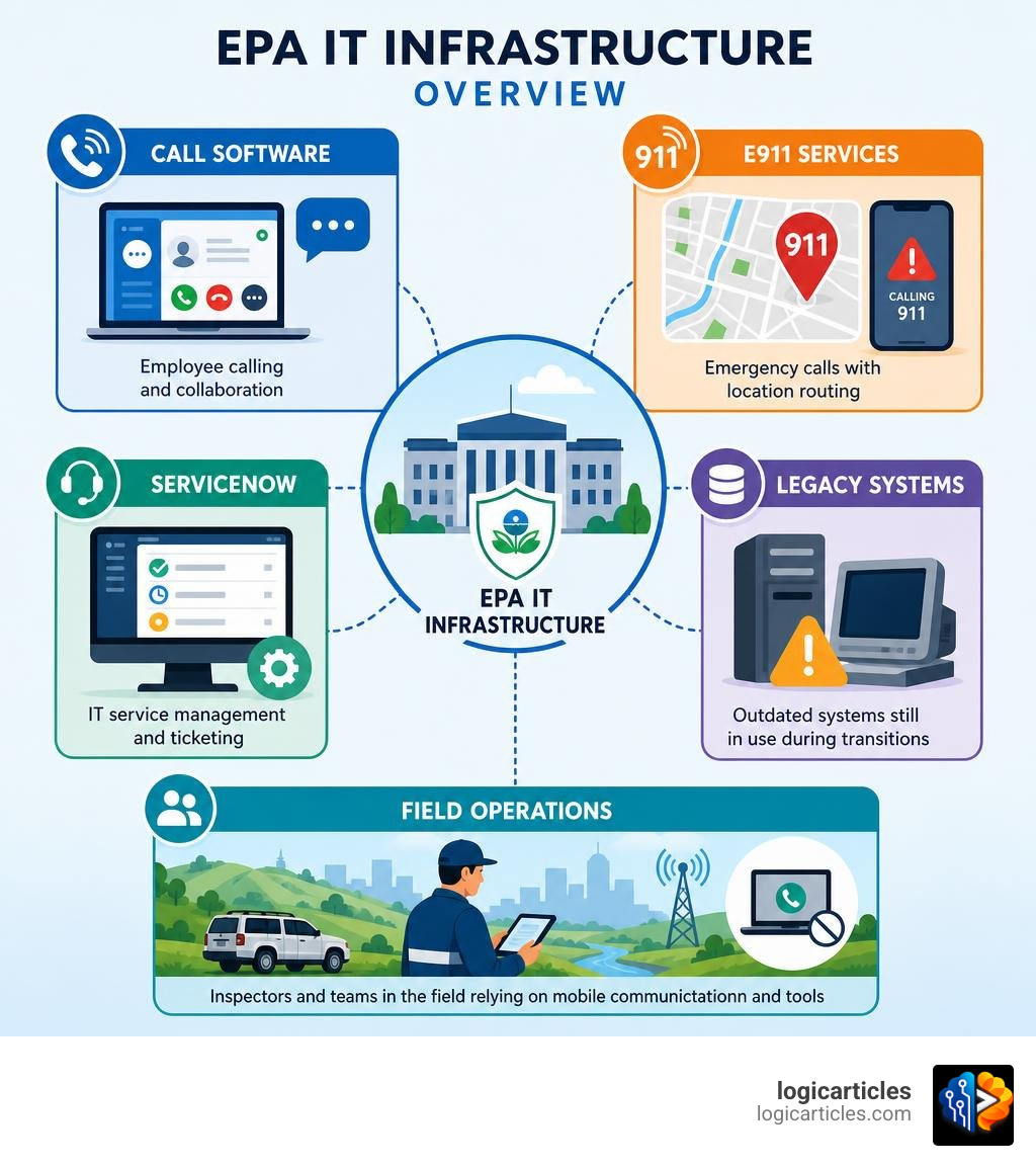 EPA IT infrastructure overview: call software, E911, ServiceNow, legacy systems, field operations infographic