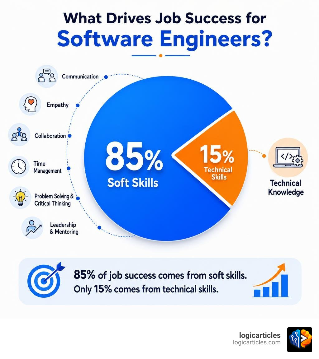 Infographic showing 85% job success from soft skills vs 15% from technical skills for software engineers infographic