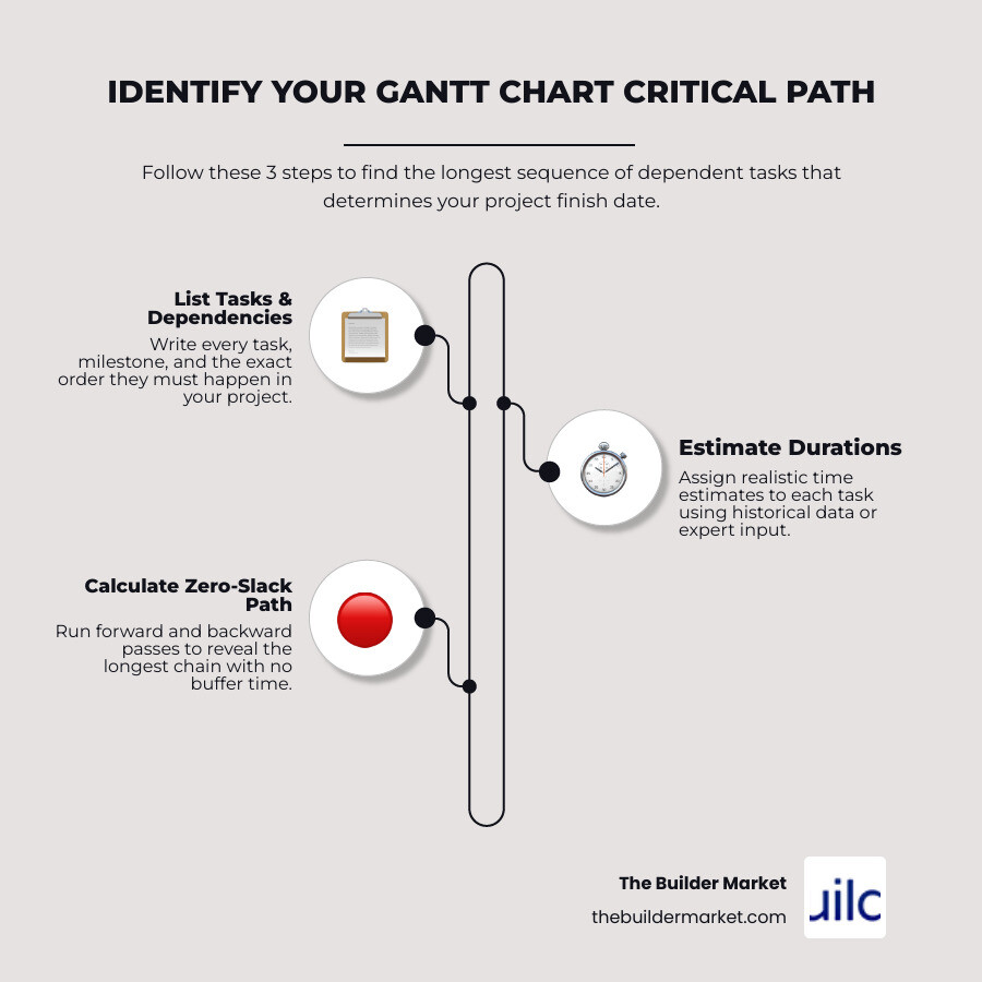 Infographic showing the 5 steps of critical path method on a Gantt chart with task dependencies and zero slack infographic