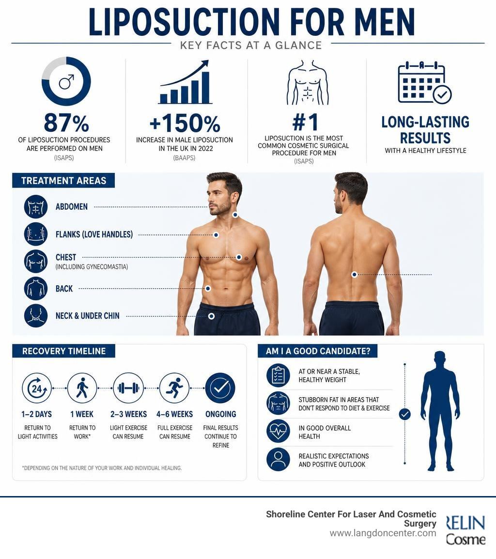 Infographic showing male liposuction statistics, treatment areas, recovery timeline, and candidacy criteria infographic