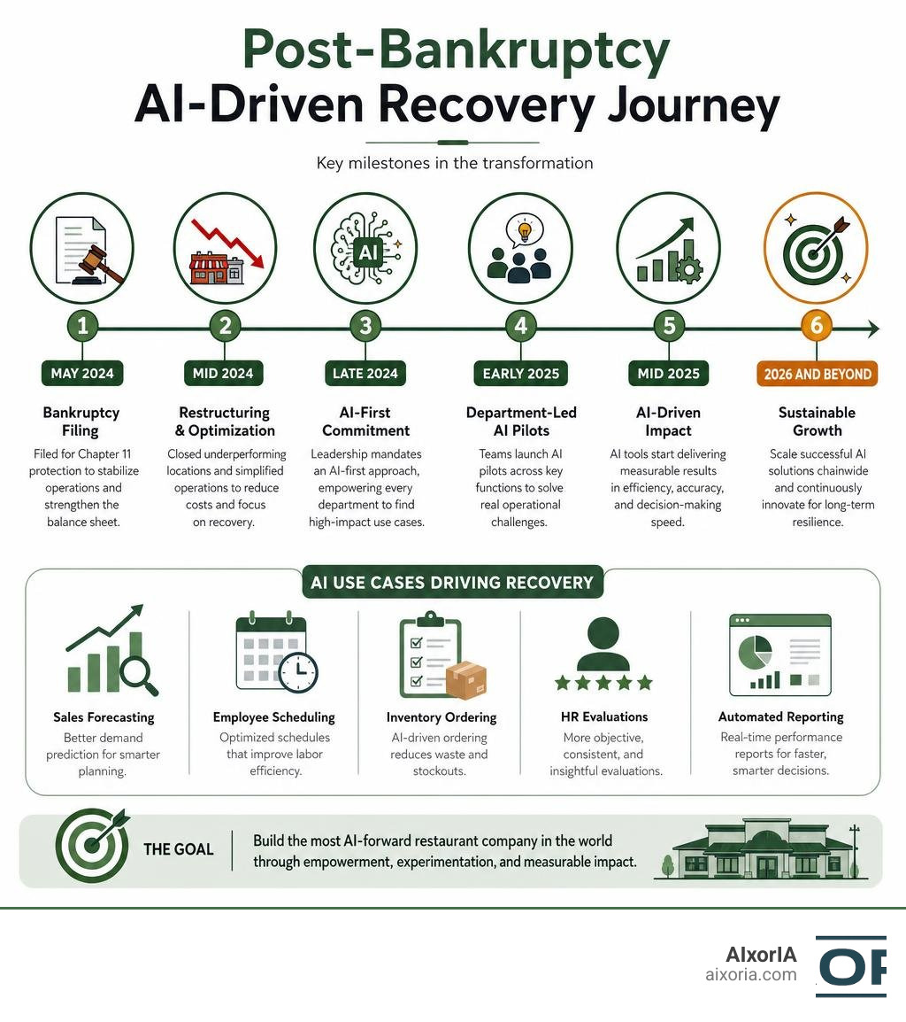 Timeline of Red Lobster's post-bankruptcy AI-driven recovery strategy and key milestones infographic