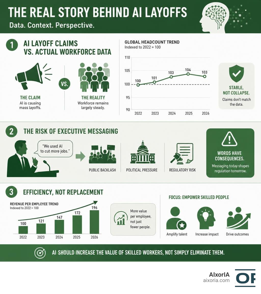 Infographic showing AI layoff claims vs actual workforce data, executive messaging risks, and Palantir's Infographic showing AI layoff claims vs actual workforce data, executive messaging risks, and Palantir's