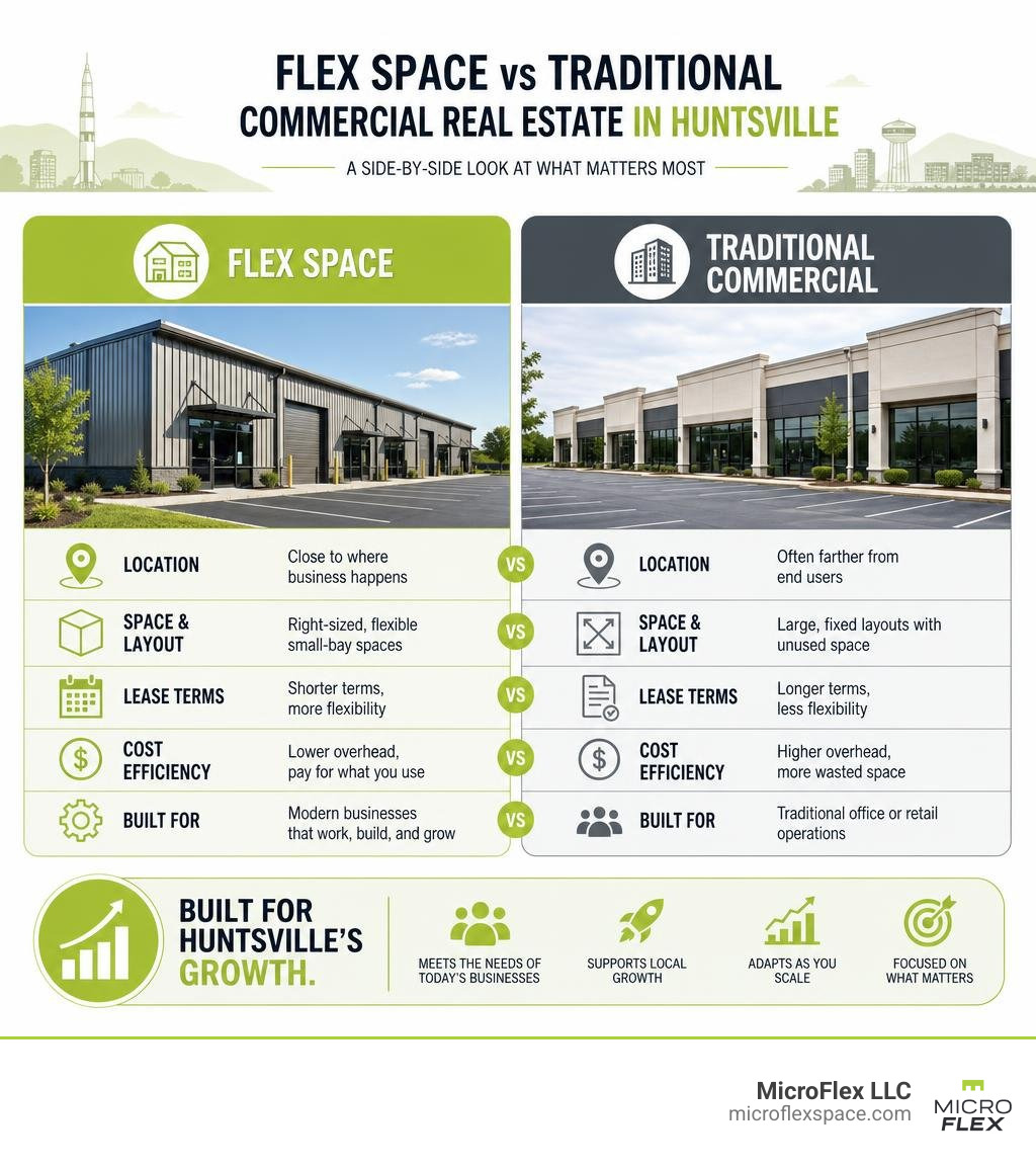 Infographic comparing flex space vs traditional commercial real estate in Huntsville key metrics infographic